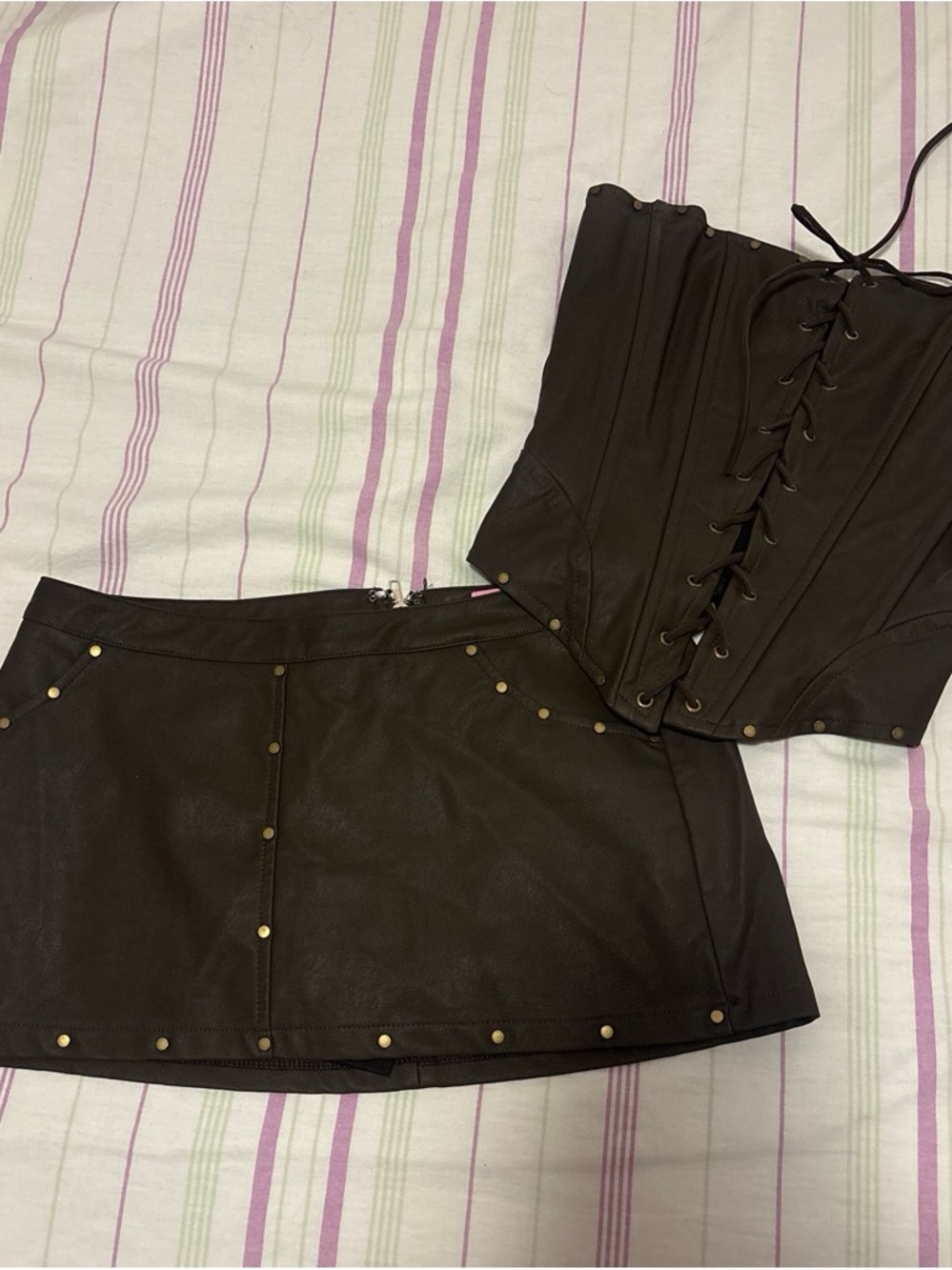 Edikted Dark Brown Faux Leather Mini Skirt with Stud Accents